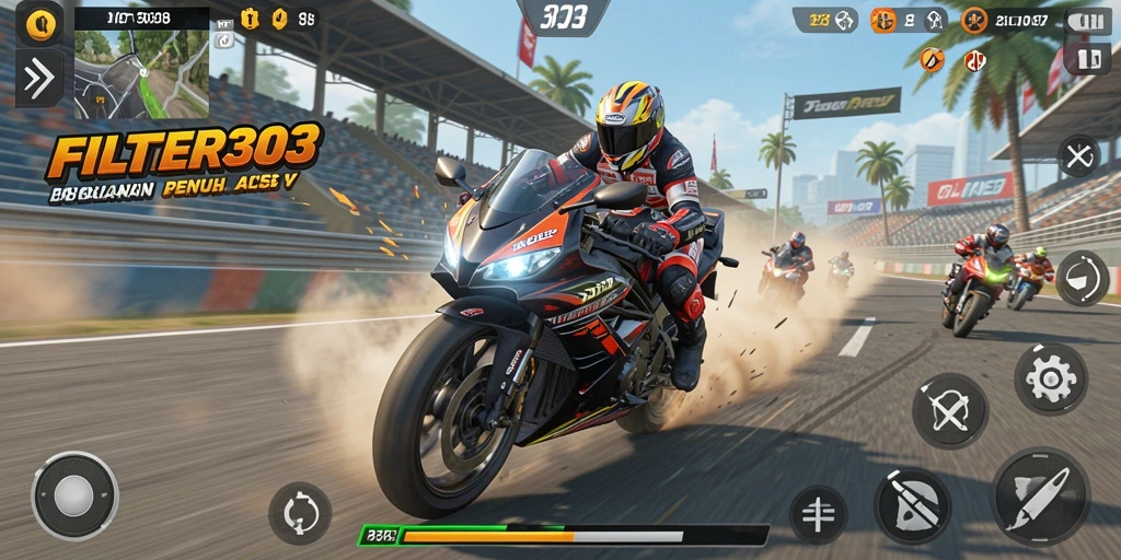 Screenshot menunjukkan balapan seru dengan motor cepat dan trek menantang.