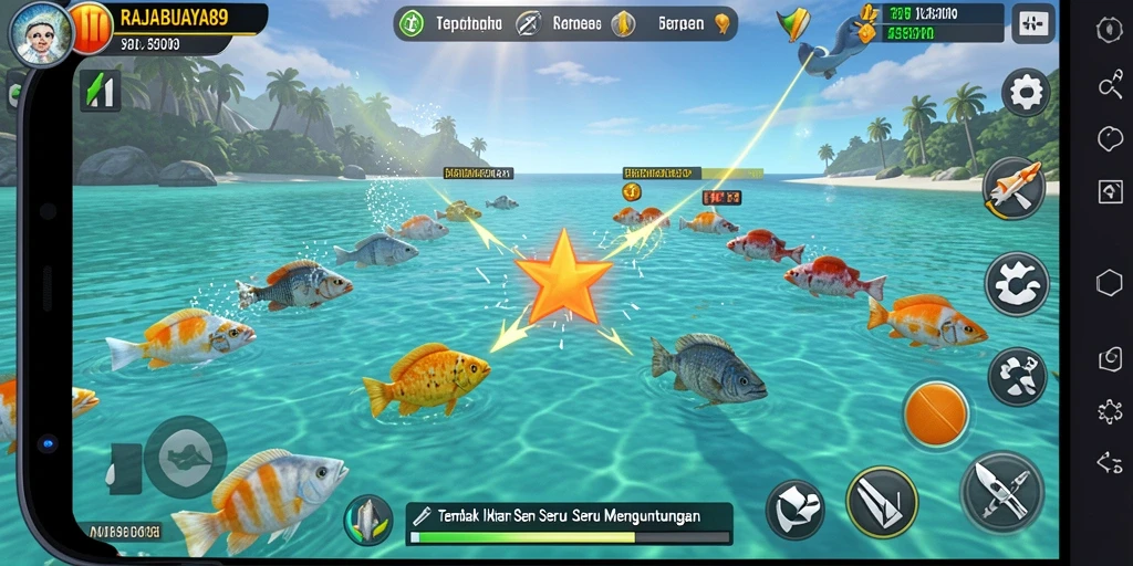 Tampilan gameplay seru dalam RAJABUAYA89 saat berburu ikan.