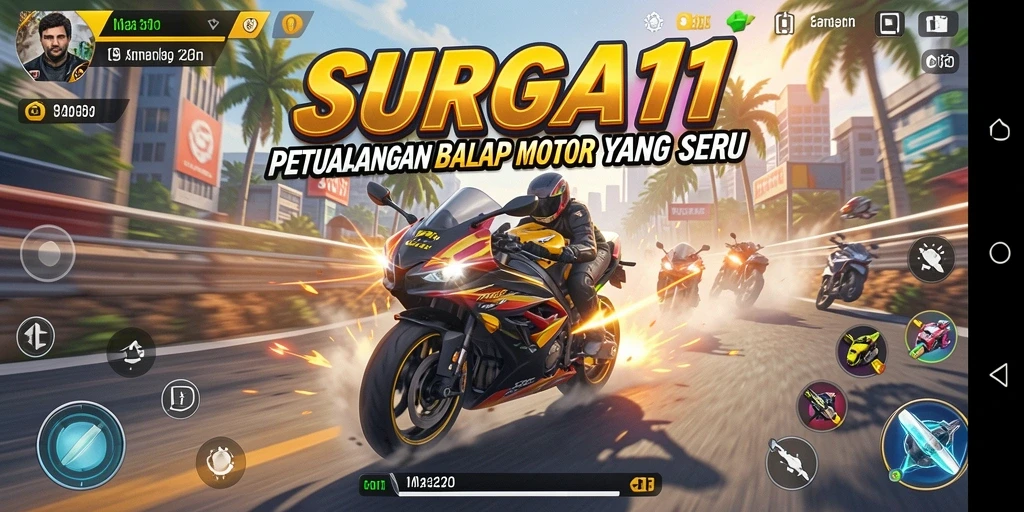 Screenshot utama SURGA11 menampilkan aksi balap motor yang mendebarkan.